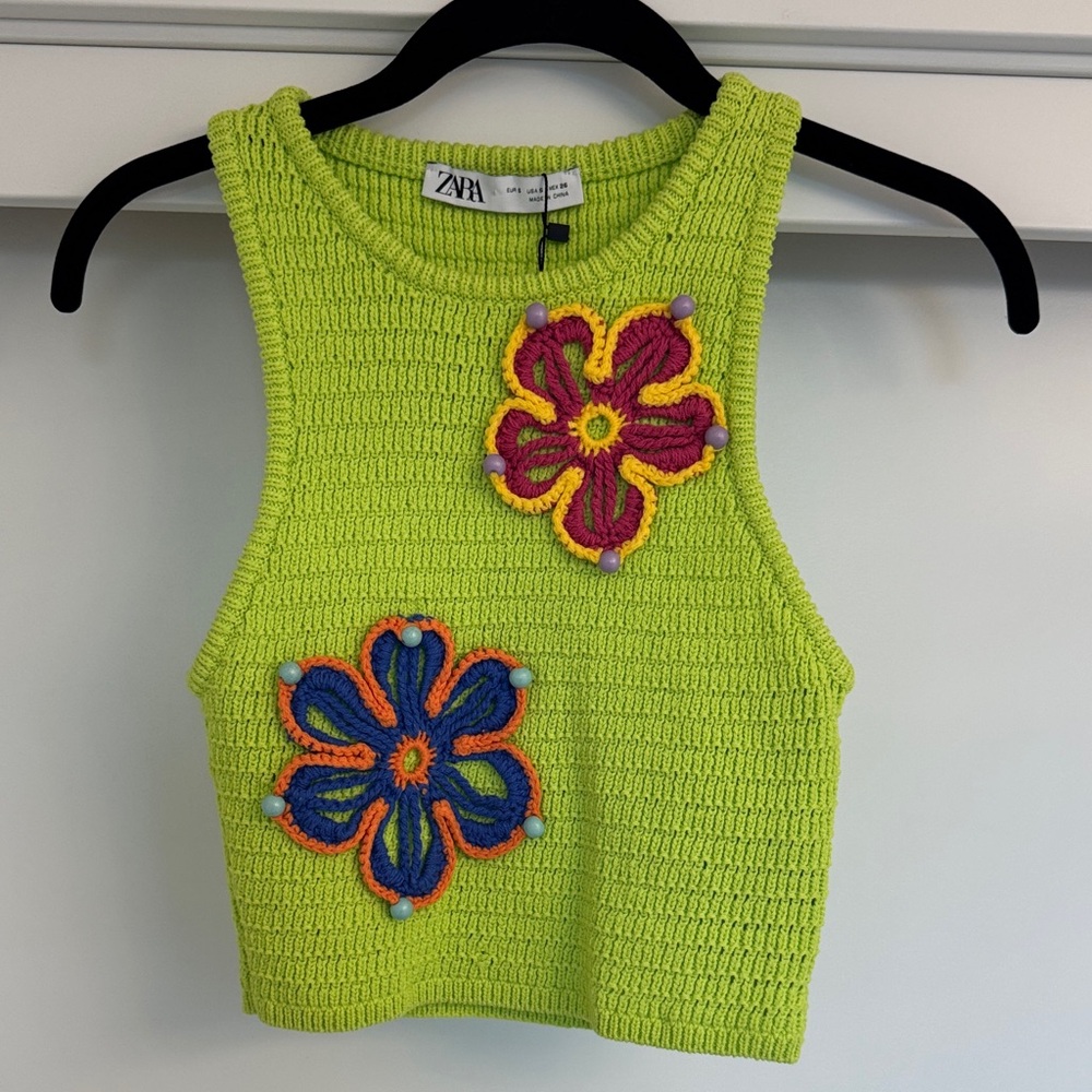 Zara Crochet Knit Floral Crop Top – Lime Green
